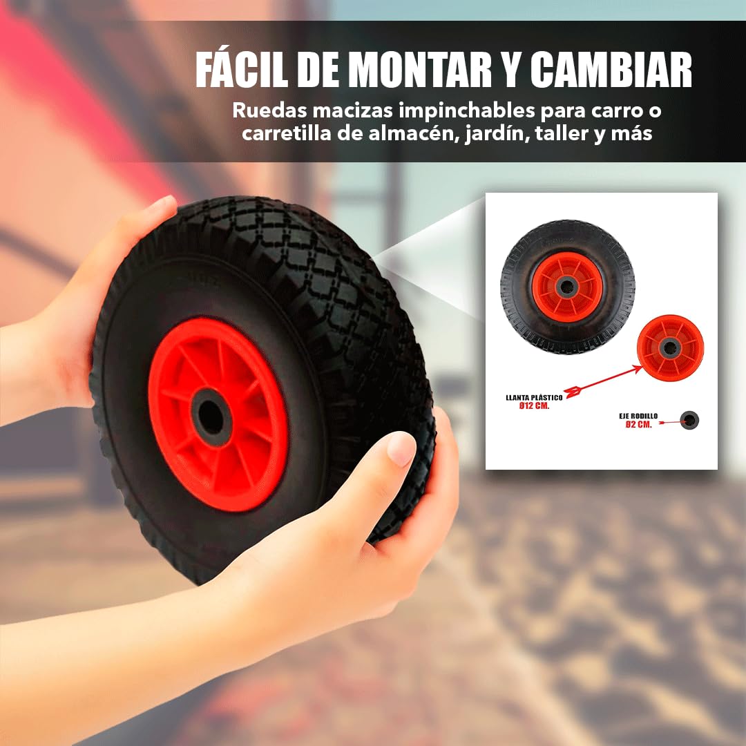 Rz Tools | Paquete De 2 Ruedas Antipinchazos | De 3.00-4 260 X 75 | con Rodamiento Metálicos | Suaves y Resistente | Ruedas para Carro Sólidas | Apta para Jardín, Taller Y Exterior | 2 Ruedas Macizas
