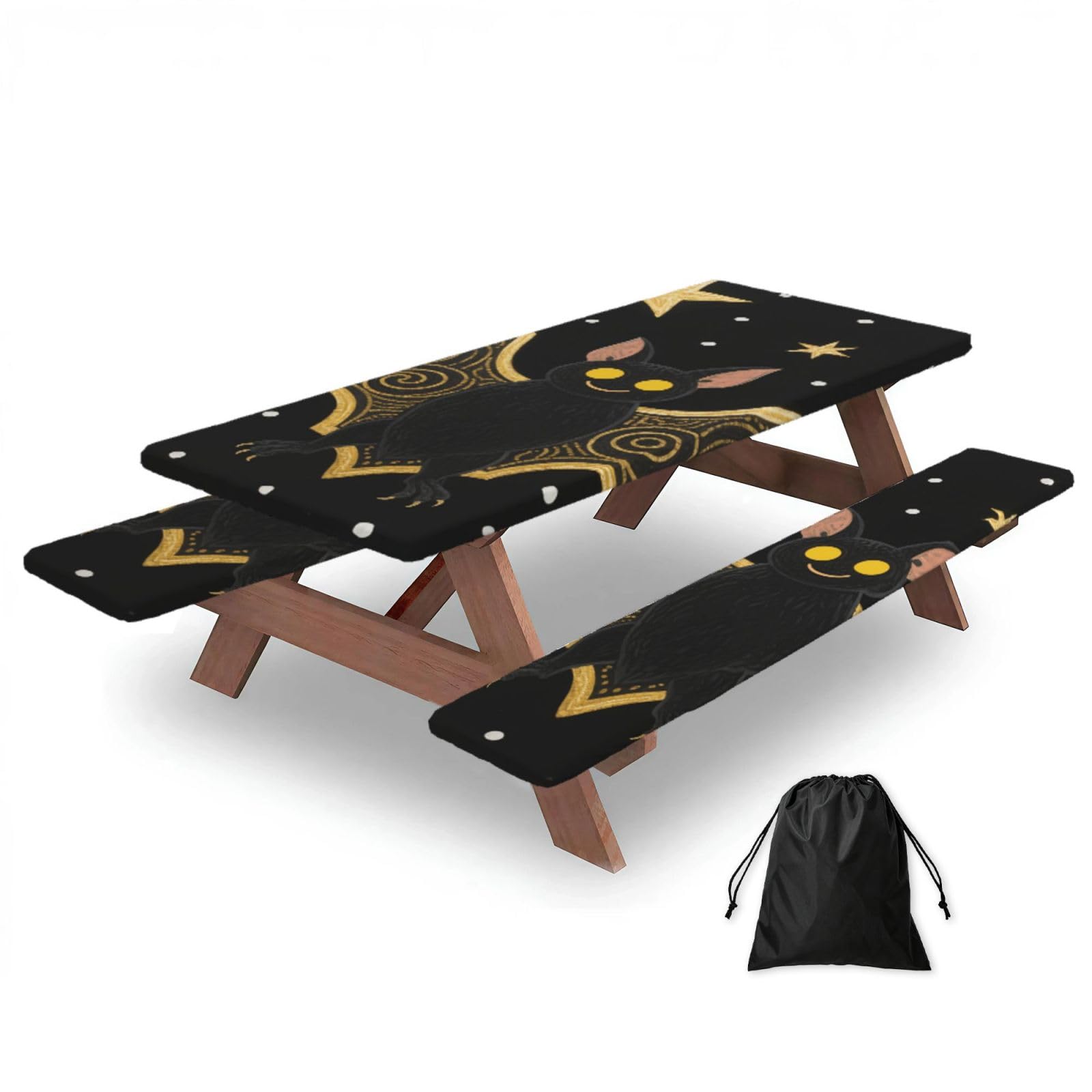 FekiLoot Black Gloden Bat Picnic Table Cover with Bench Covers and Bag, Windproof Waterproof Rectangle Tablecloth with Elastic Edges Fitted Camping Table Covers Portable Camping Accessories