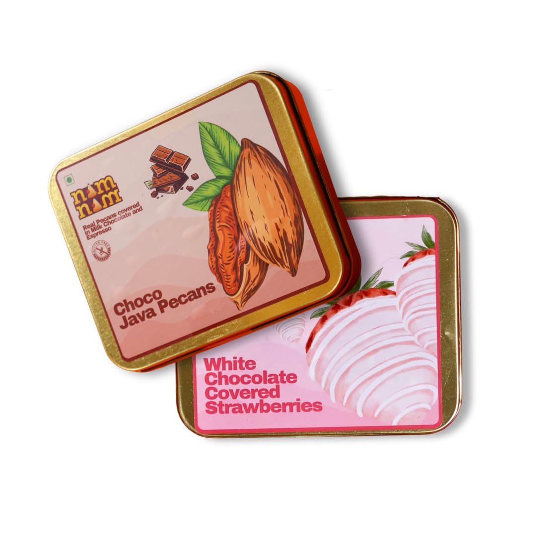 Nam Nam Choco Fusion | White Chocolate Covered Strawberries & Chocolate-Coated Pecans | Hygienically Packed|Gluten-Free & Non-GMO| Perfect for Gifting & Snacking 85 grams per pack|Pack of 2|