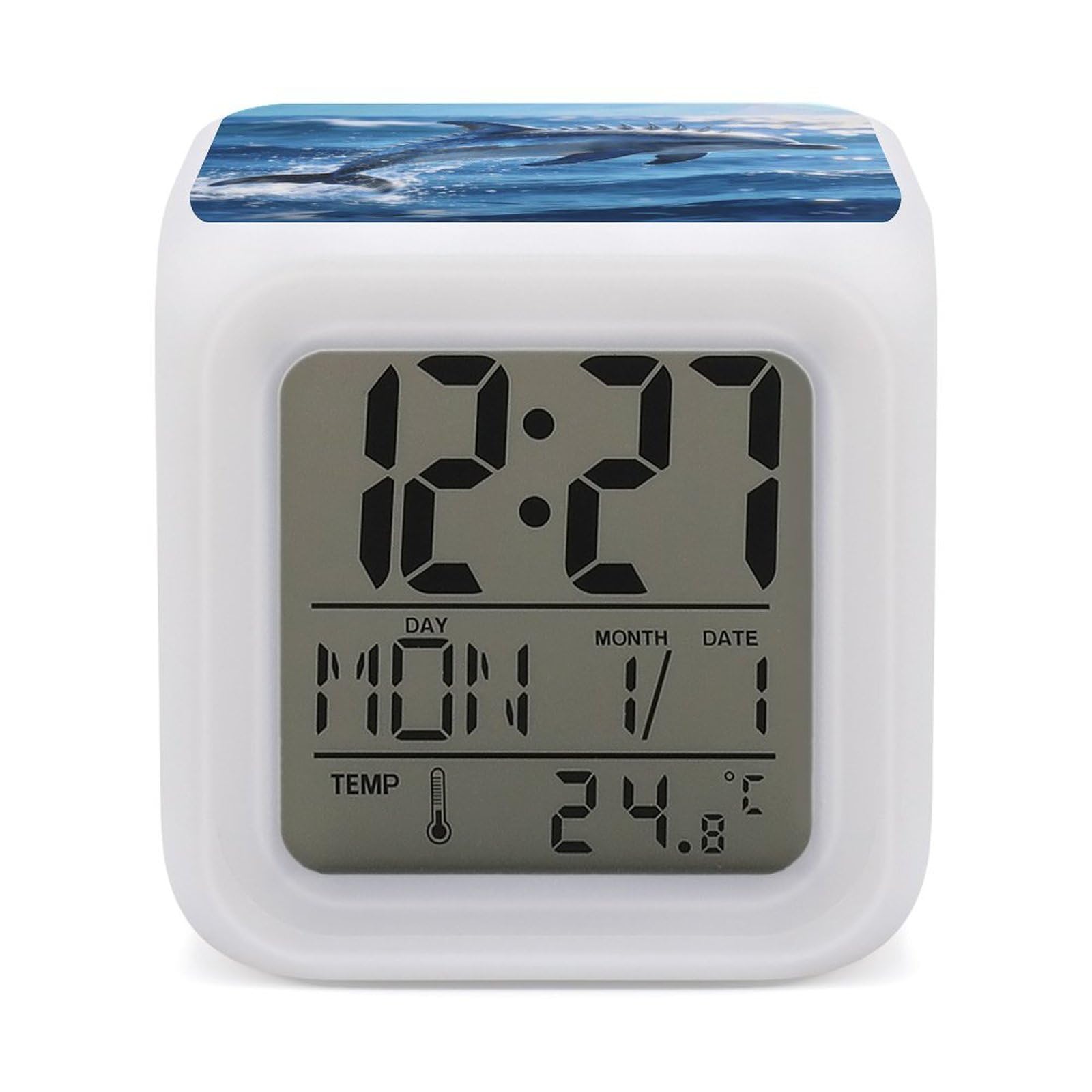 LZQPOEAS Marine Art Spiny Dolphin Alarm Clock with 7 Color Changing Nightlight for Bedroom Calendar Temperature Display Wake Up Digital Clock Small Desk Clocks for Heavy Sleepers Adults