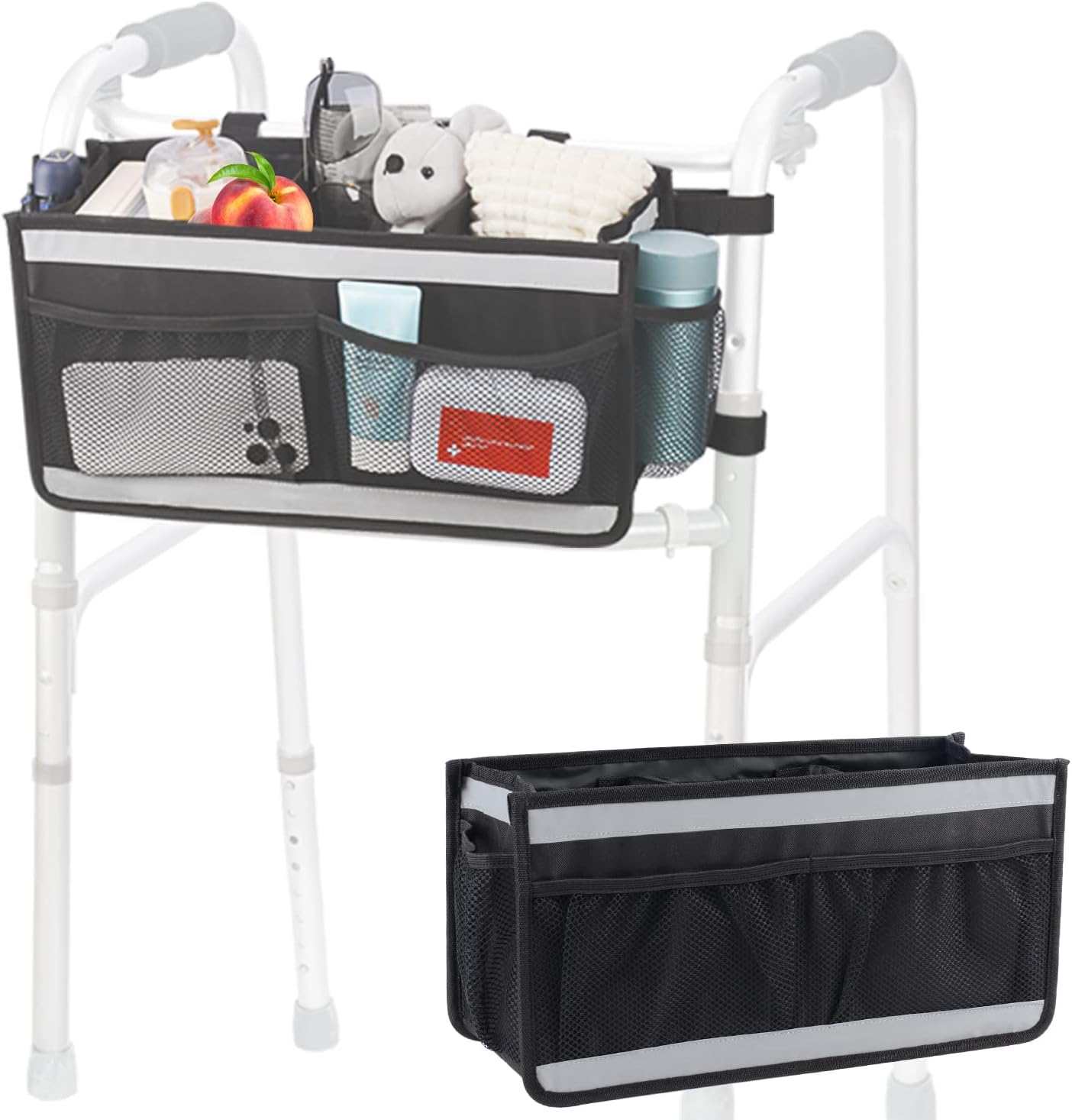 supregear Cestino Deambulatore, Borsa per Organizer per Camminatori di Grande Capacità con 4 Tasche in Rete e Strisce Riflettenti Borsa per Riporre Gli, Nero