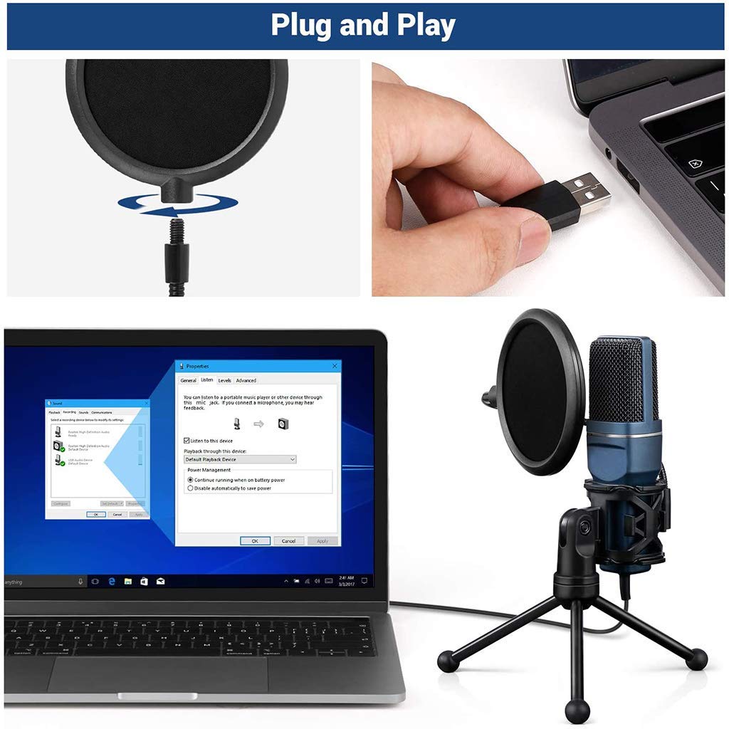 Microfono per PC, Microfono a condensatore USB per PC/Laptop Plug & Play con Filtro Anti-Pop a Doppio Strato e Supporto per treppiede per Registrazione in Studio, Trasmissione e gi,Blue