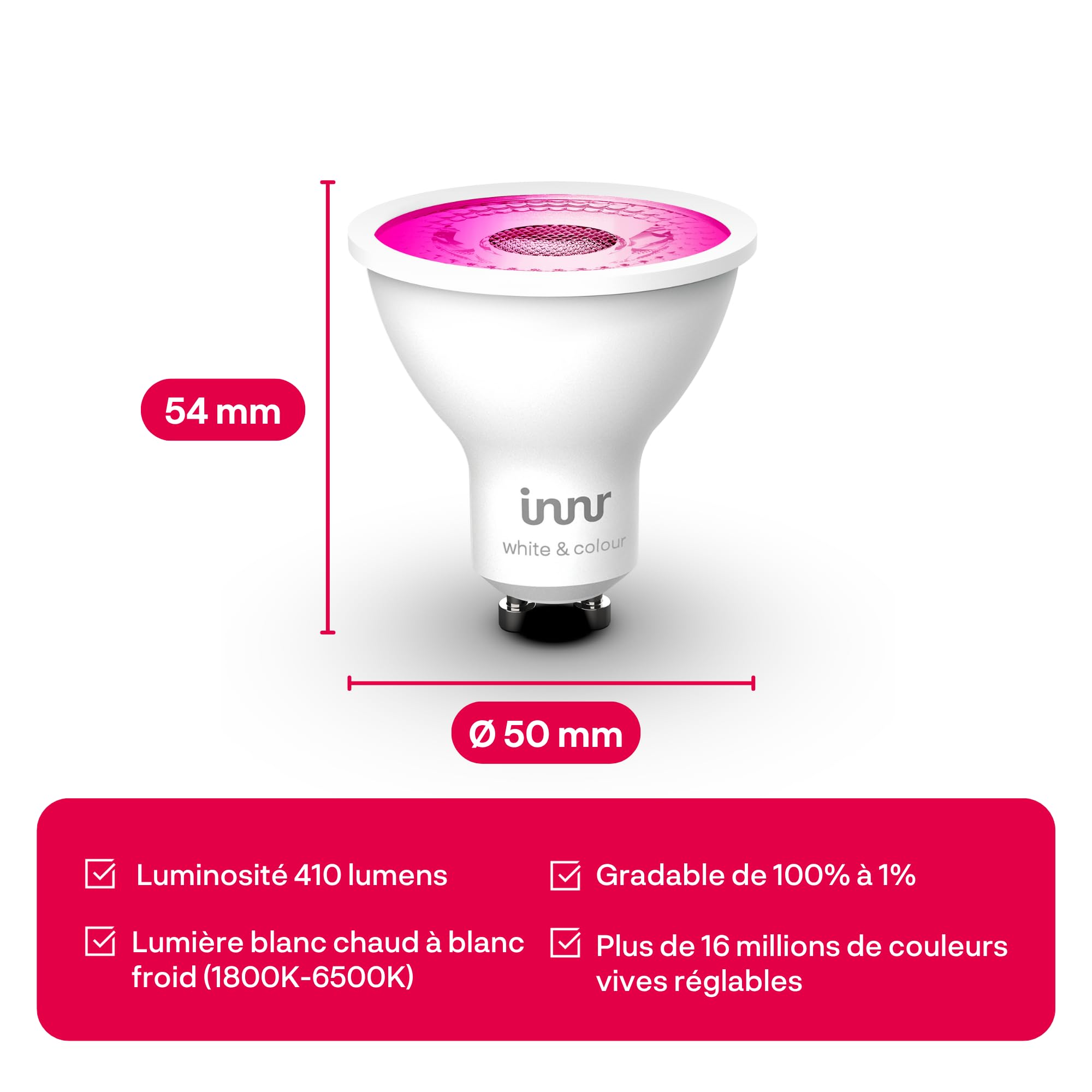 innr Zigbee GU10 Ampoule Connectée, Fonctionne avec Hue* et Alexa (Pont Requis), Spot Blanc et Couleur, 16 Millions de Couleurs, Ampoules RGB, LED Lampe, Intensité Variable, 410 lumens - 4 Pièces | Lampe Smart Home, 16 millions de couleurs, 1800 K-6500 K,