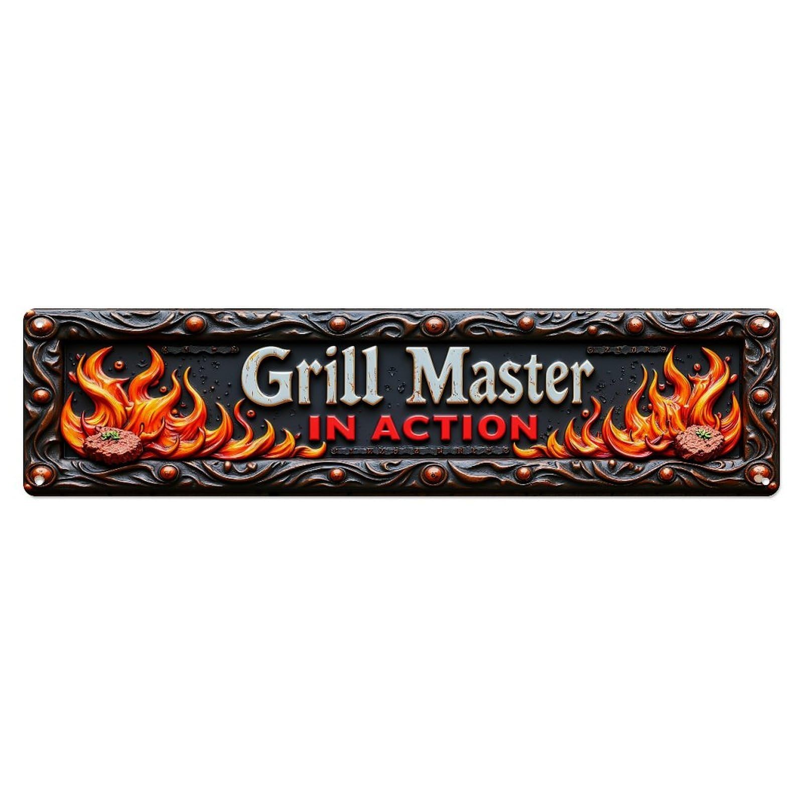 Grill Master In Action Flames Metal Tin Sign Plaque