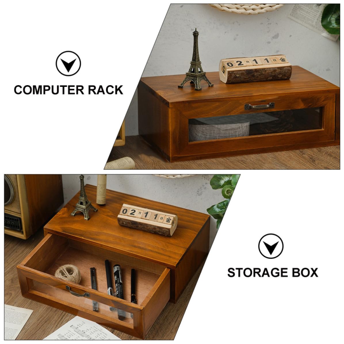 Scatola Organizer da Scrivania in Legno Cassetto Acrilico Marrone | Rialzo per Monitor, Scomparti Classificati, per Cancelleria e Cosmetici