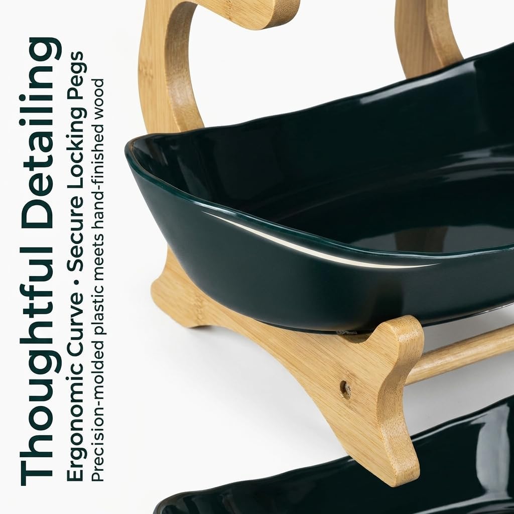 3 Tier Countertop Fruit Basket Organizer - Oval Fruit Bowl with Bamboo Stand for Kitchen Counter - Tiered Produce Bread Vegetable Storage Holder (green)