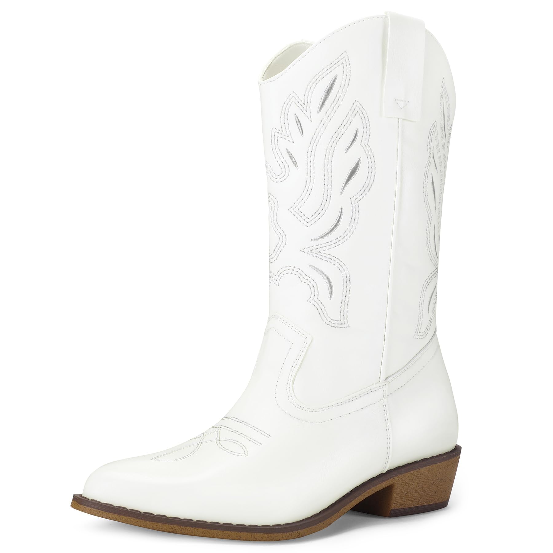 mysoft Women's Wide Calf Cowboy Boots Pull-On Mid-Calf Embroidered Pointed Toe Retro Western Boots