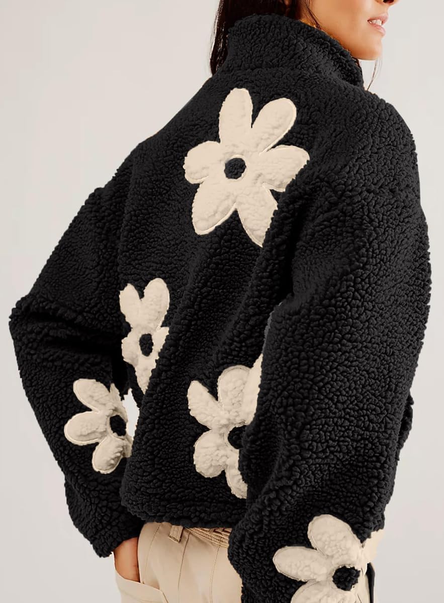chouyatou Women's Fuzzy Fleece Cute Floral Jacket Zip Up Winter Oversized Faux Fur Coat Sherpa Jacket - Image 3