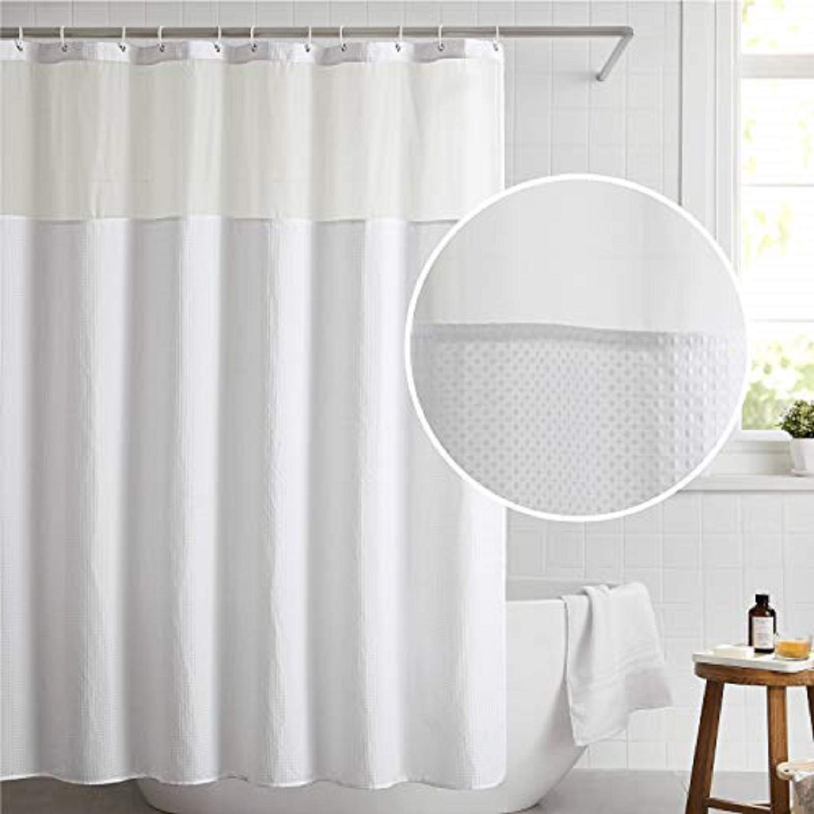 Bedsure Fabric Shower Curtain White Waffle Weave Shower Curtain for Bathroom Waterproof Bathroom Curtain with 12 Hooks Mac...