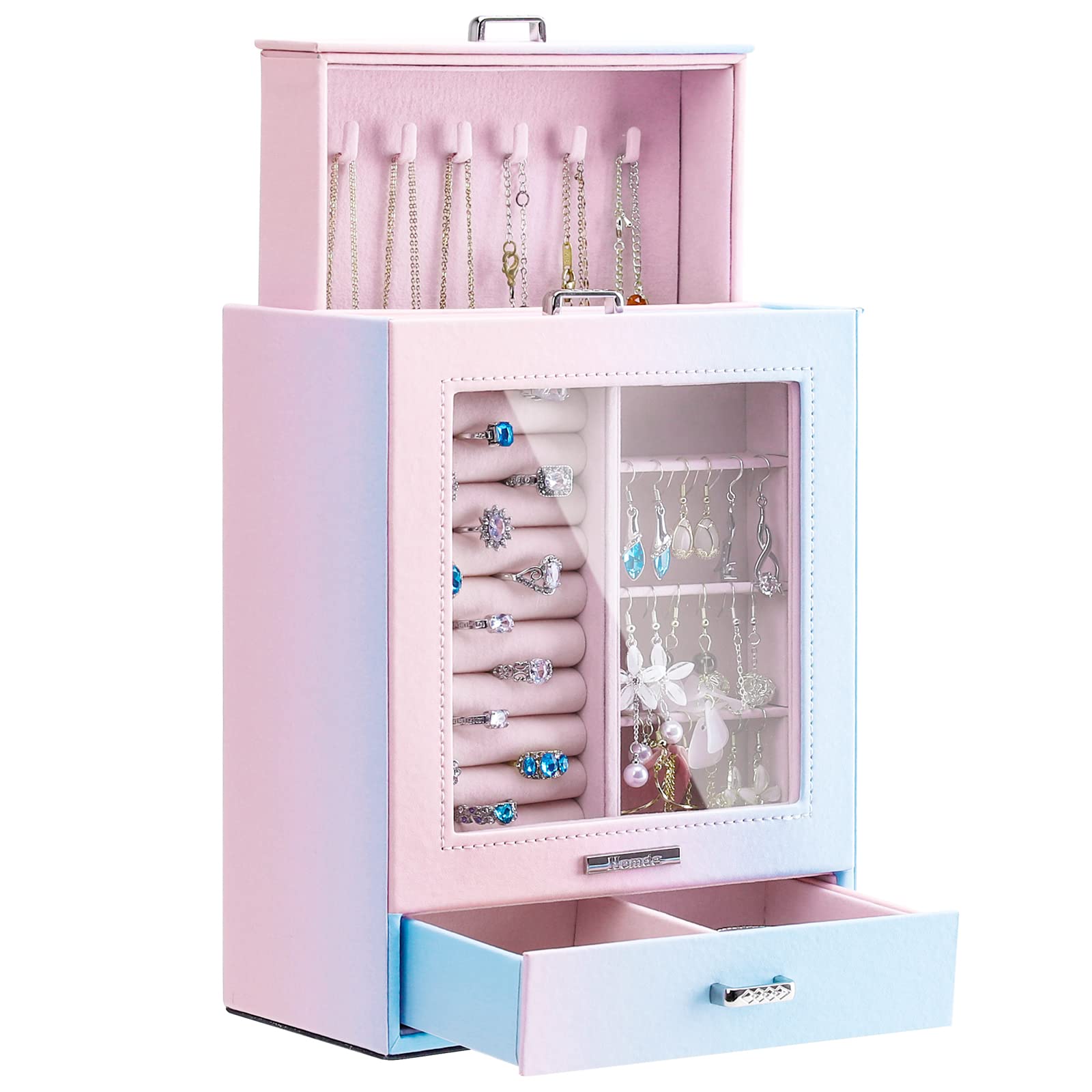 Homde Jewelry Organizer Girls Women Jewelry Box for Necklaces Rings Earrings Gift Jewelry Storage Case (Blue + Pink)