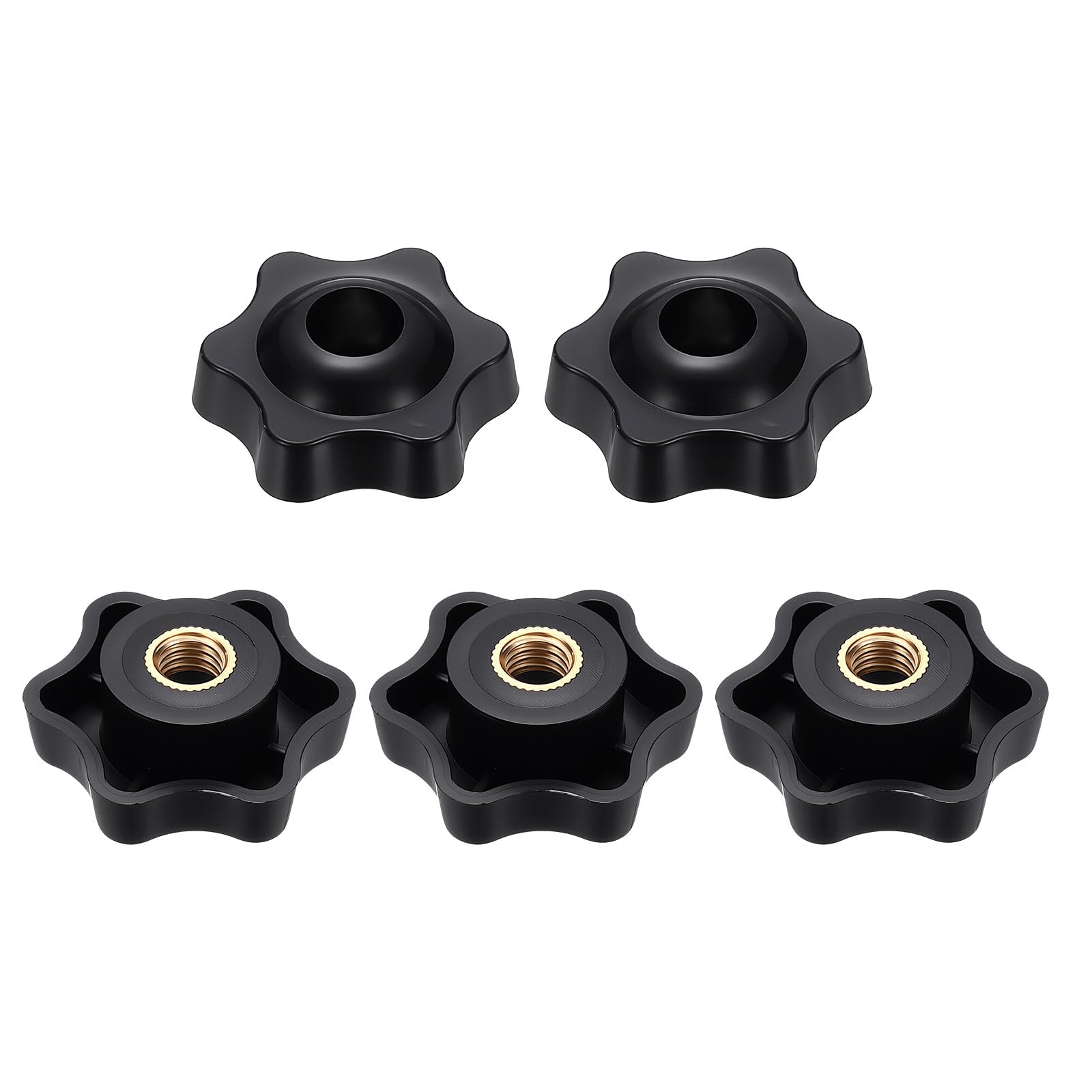 sourcing map 5pcs Star Clamping Nuts M8 Female Thread 38mm 6-Point Plastic Head Brass Insert Through Hole Screw-in Threaded Knob Hand Tightening Clamping Handles, Black