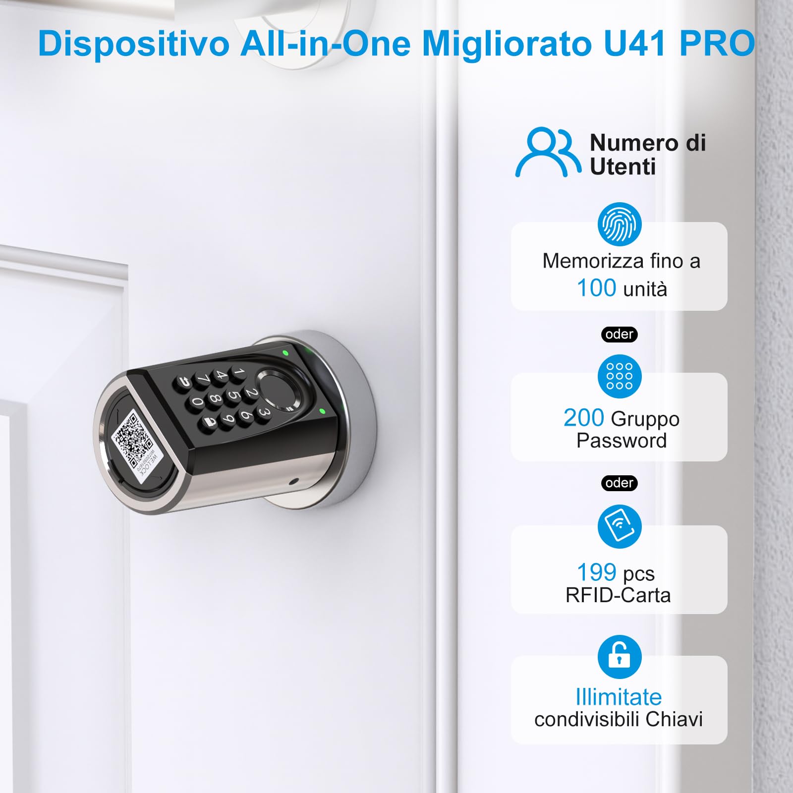 WELOCK ToucA51 Pro Serratura Smart,Serratura Impronta Digitale con Password,Carte RFID e APP,serratura elettronica WiFi,Cilindro 40x30 per porte da 50 a 100mm,Smart Lock Facile Installazione