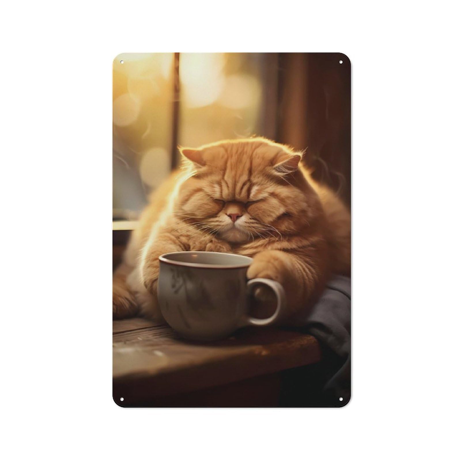 Junmoney Fat Cat Morning Coffee Pet Retro Metal Wall Sign 30X20cm With For Bar Or Restaurant, Gift Idea For A New Home And Metal Sign Collection