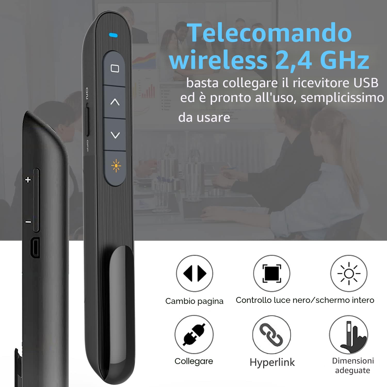 Puntatore Presentatore Wireless Presenter Ricaricabile Telecomando Presentazioni Powerpoint con Volume Collegamento Ipertestuale, Telecomando Slide PC Penna Presentazioni per Computer Mac