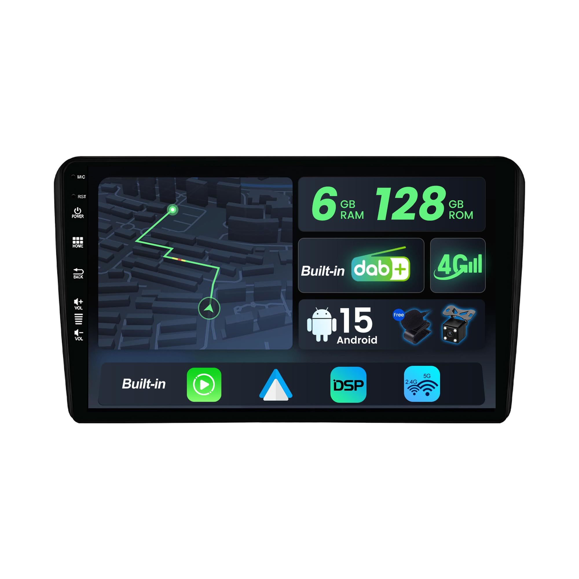 [Eingebaut 4G DAB] - 6G+128G - Android 14 Autoradio für Audi A3 8P 8PA S3 RS3 (2003-2013) - Kabellos Carplay/Android Auto - Kamera + MIC - IPS 9 Zoll 2 Din - SWC Fast-Boot 360-CAM HDMI DSP