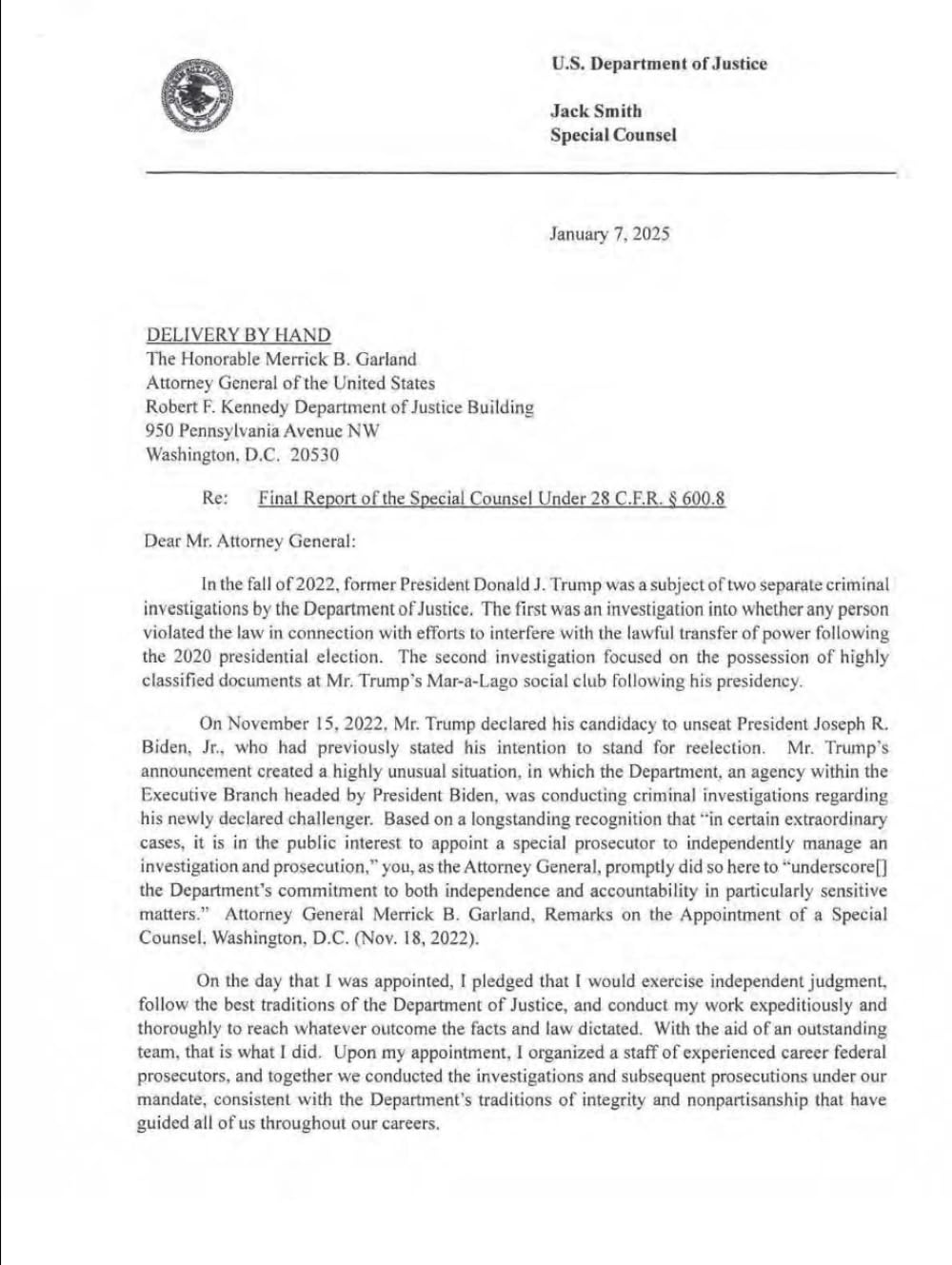 Final Report of the Special Counsel: Jack Smith Special Counsel