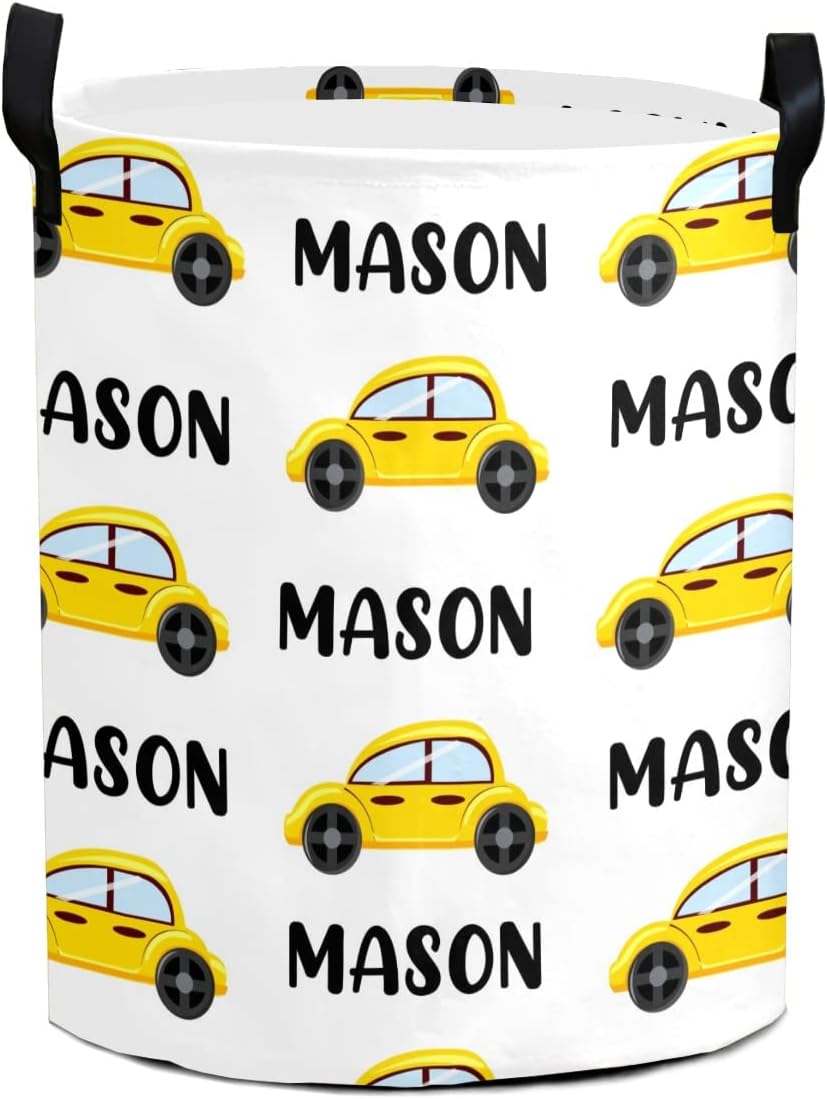 Yellow Car Name Personalized Laundry Basket Clothes Hamper with Handles Waterproof,Collapsible Laundry Storage Baskets for Bathroom,Bedroom Decorative 19.7"Hx14.2"D