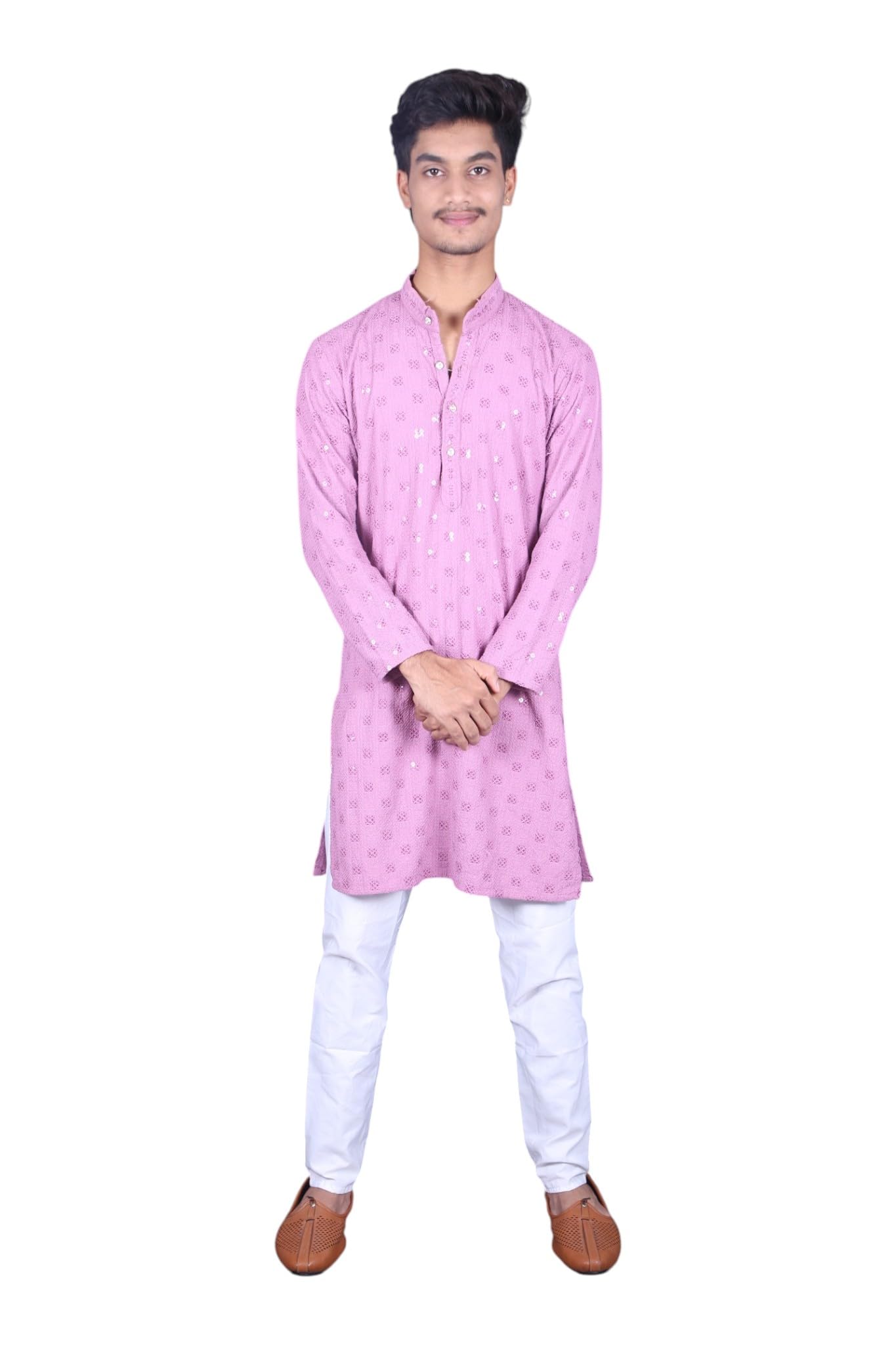 Men's Casual Khaki Bottoms Suit, Solid Light Pink Shirt-picture-49