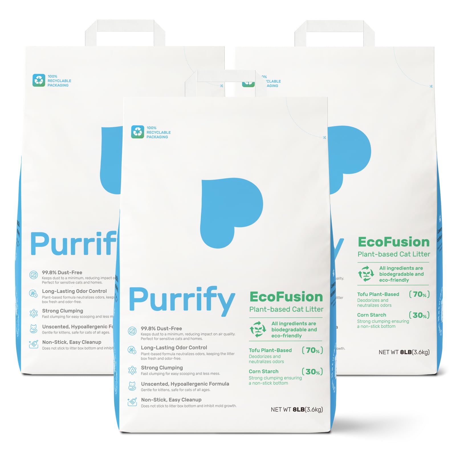 Purrify EcoFusion Cat Litter 3 Pack (8lb Each) Tofu & Corn Blend, Zero Powdering, Zero Mess, 99.8% Dust-Free, 98% Odor Control, Fast Clumping,
