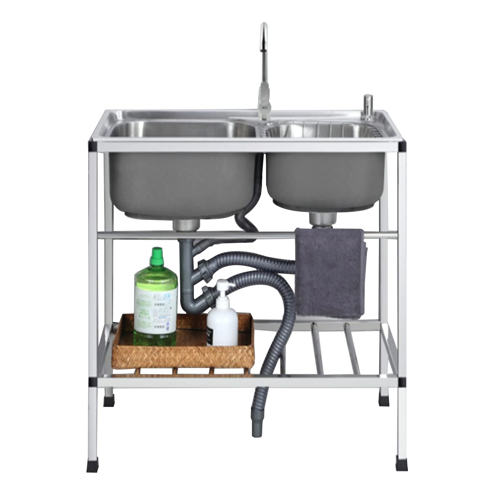 YNIYUJKL Freestanding Commercial Restaurant Sink Anti-Overflow With Faucet & Shelves 2 Compartment Stainless Steel Sink Prep & Utility Sink