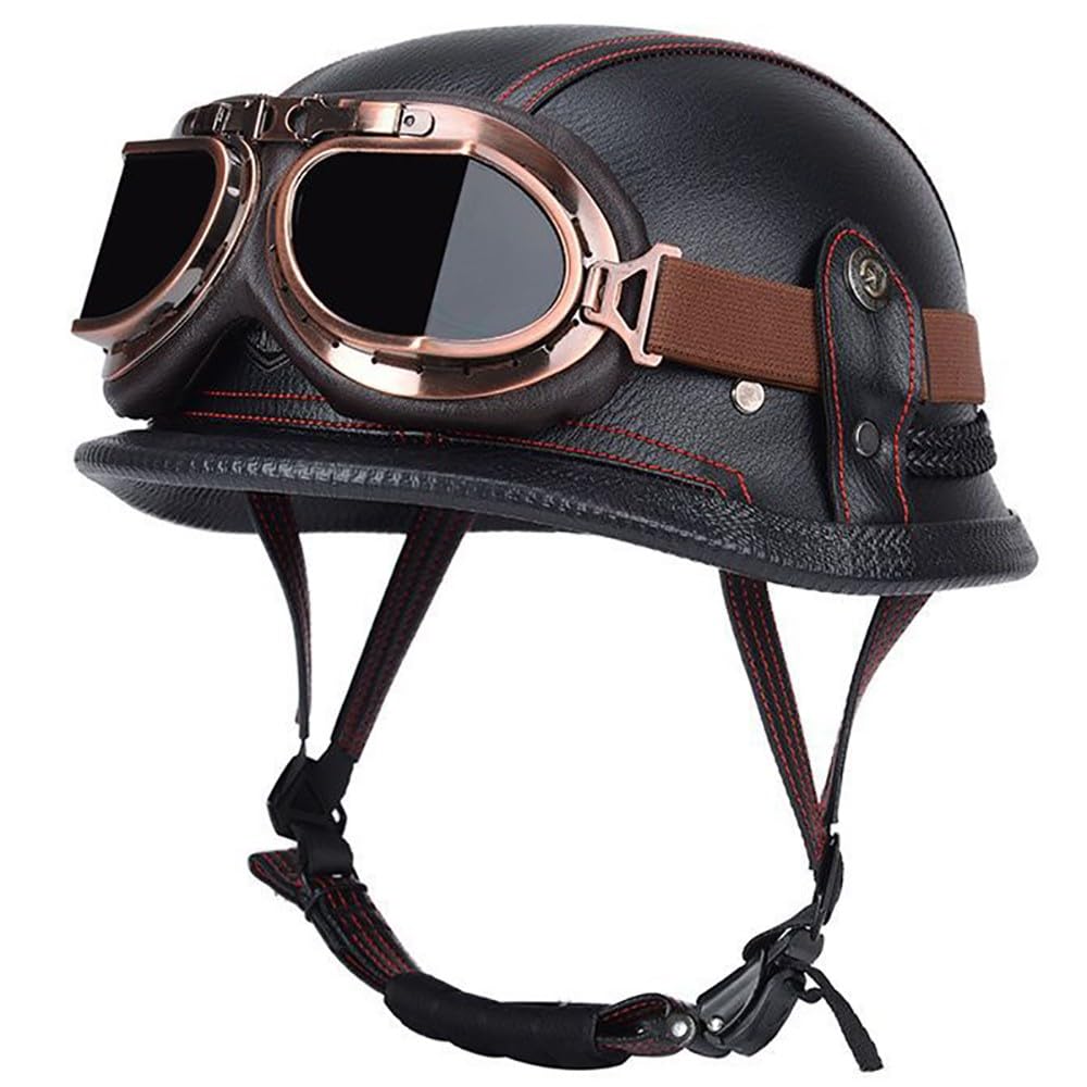 Motorcycle Half Helmet, Vintage Leather German Style Half Helmet Skull Cap with Goggles, ECE Approved Retro Motocross Helmet, Men Women Adult for Scooter Bike Cruiser
