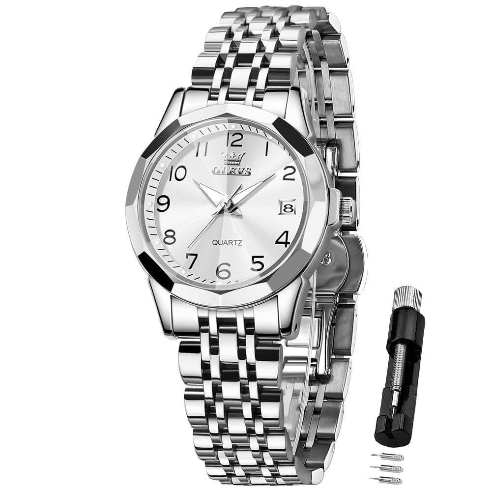 OLEVS Orologio analogico da donna, classico, in acciaio inox, impermeabile, luminoso, con data, due tonalità, facile da leggere