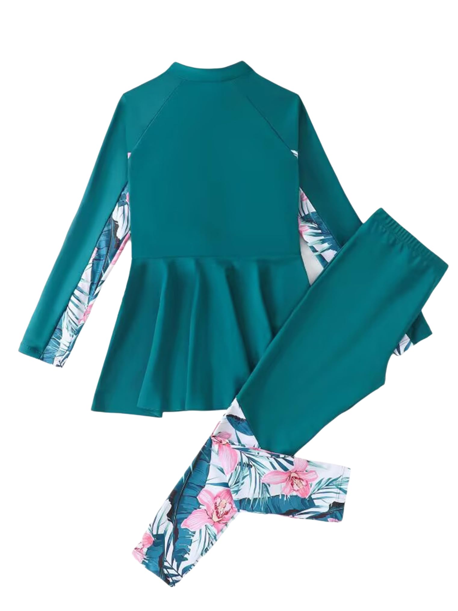 Choomomo Kids Girls Two Pieces Rash Guard Set Long Sleeve Swim Dress with Pant Flower Print Swimsuits Green 11-12 Years