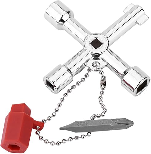 Nikou Llave de 4 vías, llave de agua cruzada multifuncional de aleación de zinc para fontaneros, electricistas, puerta de tren, caja de armario