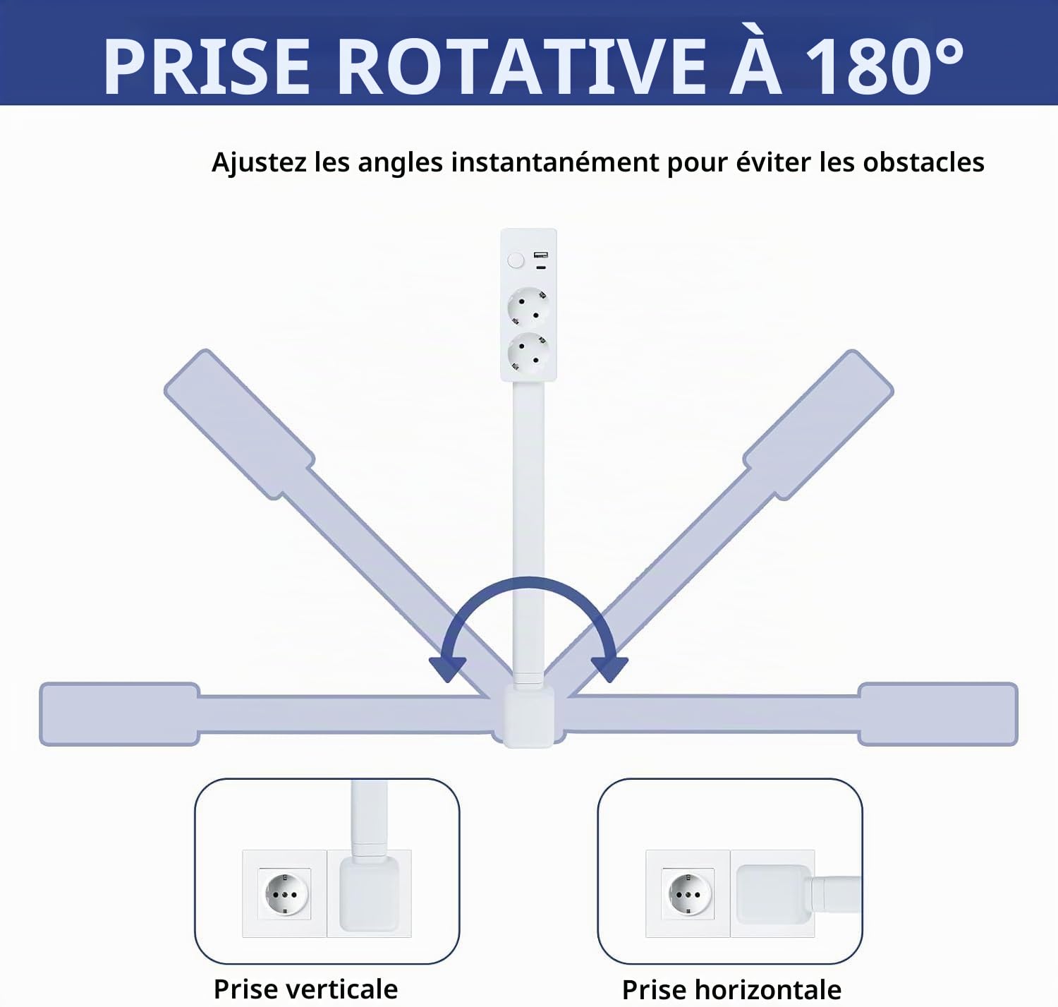 Prise murale extensible et rotative avec USB-A, USB-C et 2 prises - Idéal pour les coins étroits tels que les tables de chevet, les canapés et les bureaux.