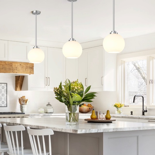 Image of MQMQA 2 Pack Globe Pendant Lights, Mid Century Brushed Nickel Pendant Light Fixtures, Globe Pendant Lights Kitchen Island with Milk Glass Shade Hanging Fixture for Dining Room (Bulbs not Included)