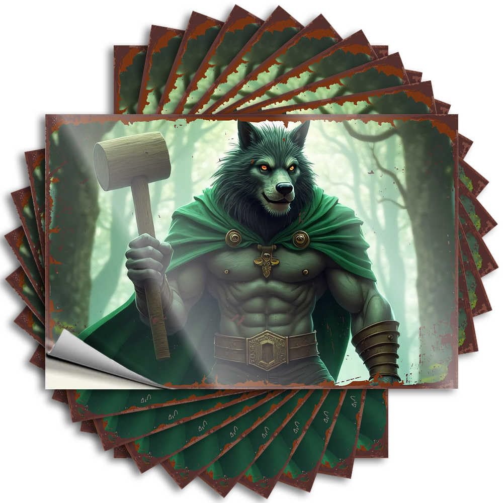 Decal Home Decor Men Waterproof Vinyl Sticker | Wolf Warrior in Green Cloak Holding Wooden Mallet Feminist Door for Billiard DIY Projects(6X9CM)