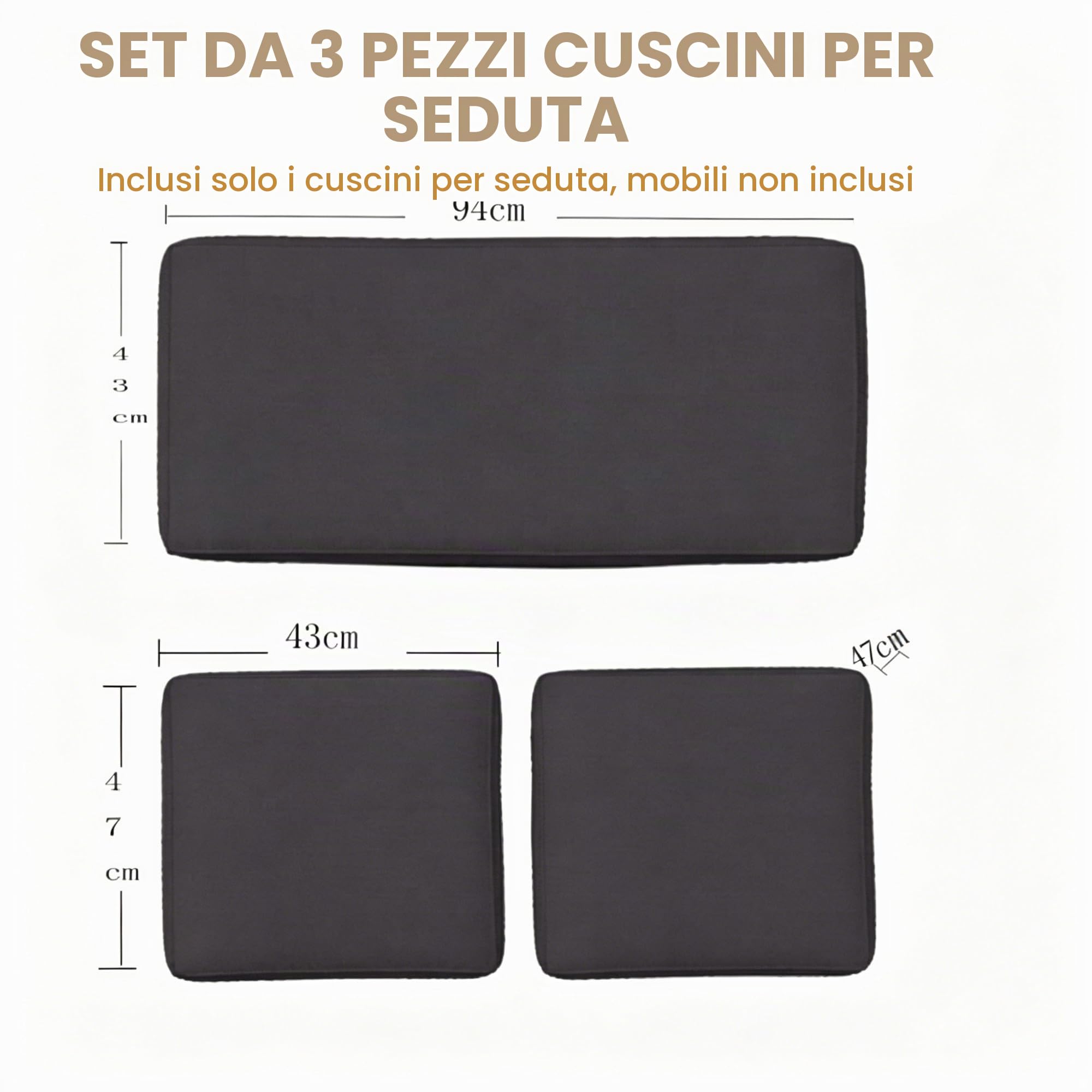Set Di 3 Cuscini Da Esterno Sfoderabili E Impermeabili Per Salottino In Rattan Alto 5 Cm Cotone/Poliestere Made In Italy Per Divani E Sedie Da Giardino Terrazza Interno Ed Esterno(Beige)