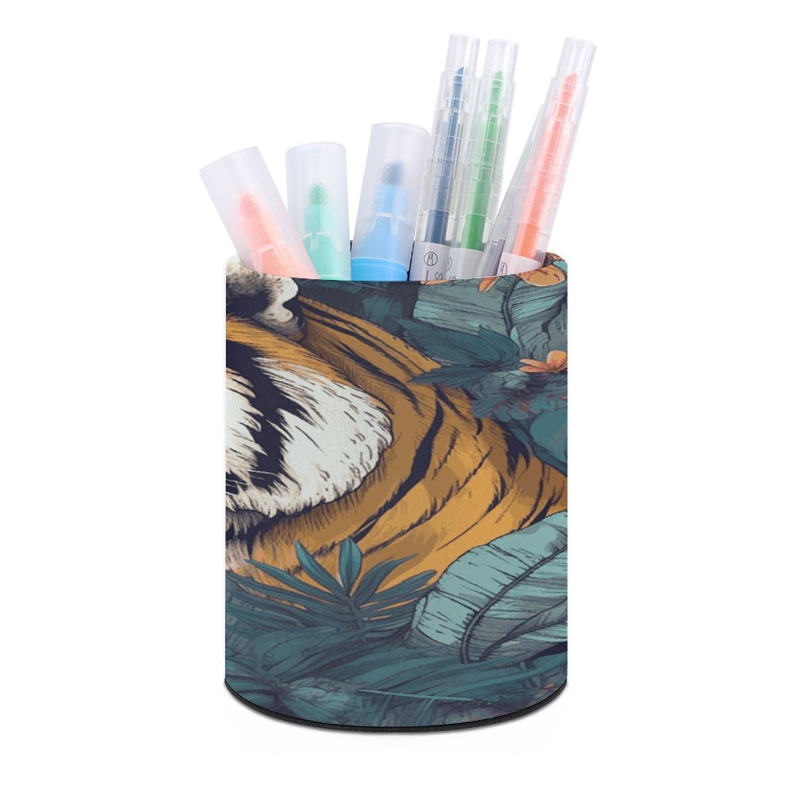 VstaDank Tropical Tiger Pen Holder Round Pencil Holder Cup Pen Container PU Leather Desk Organizer Stand Decorative Brush Scissor Holder Decoration Office Desk Home (3.1 x 3.9 inch)