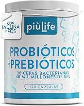 Probiotics And Intestinal Prebiotics 120 Capsules PiùLife, 40 Billion CFU And 20 Strains Per Dose, Intestinal Probiotics With Inulin And FOS, Gut Wellness, Colon Gas And Bloating Adults