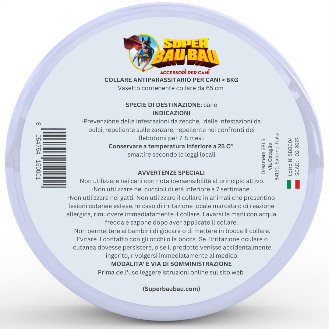 Super Bau Bau 2 Collare Antiparassitario per Cani di Alta Qualità - Antipulci per Cani, Antiparassitario Cani, Antizecche e Anti Zanzare, Impermeabile, Efficace 14 Mesi, 65cm per Cani oltre 8kg