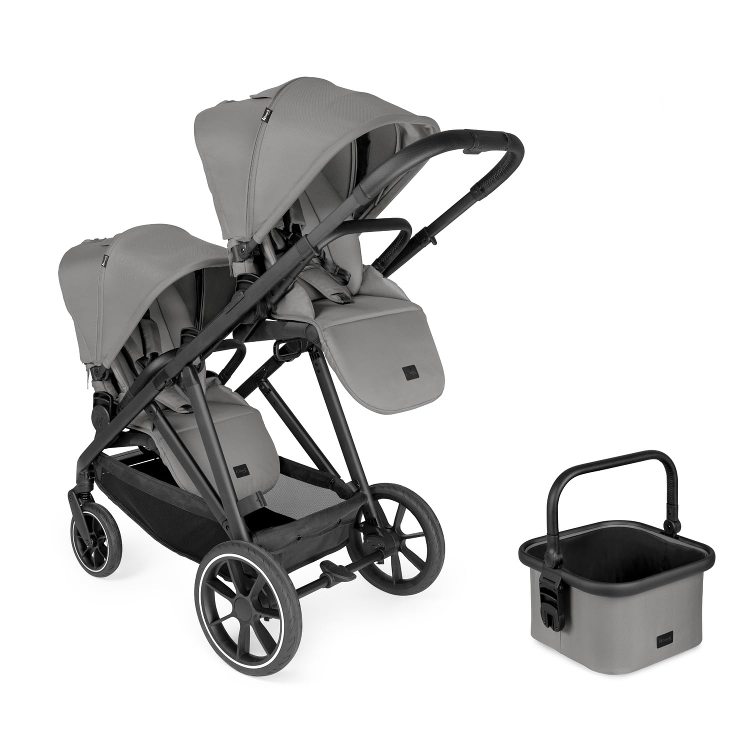 hauck Grow N Care Twin Set Passeggino Gemellare per 2 Bambini – con Cesta Extra – 2 Sedute Reversibili con Schienale Traspirante e Posizione Reclinabile fino a 22 kg – Chiusura Compatta – Grigio Prima infanzia