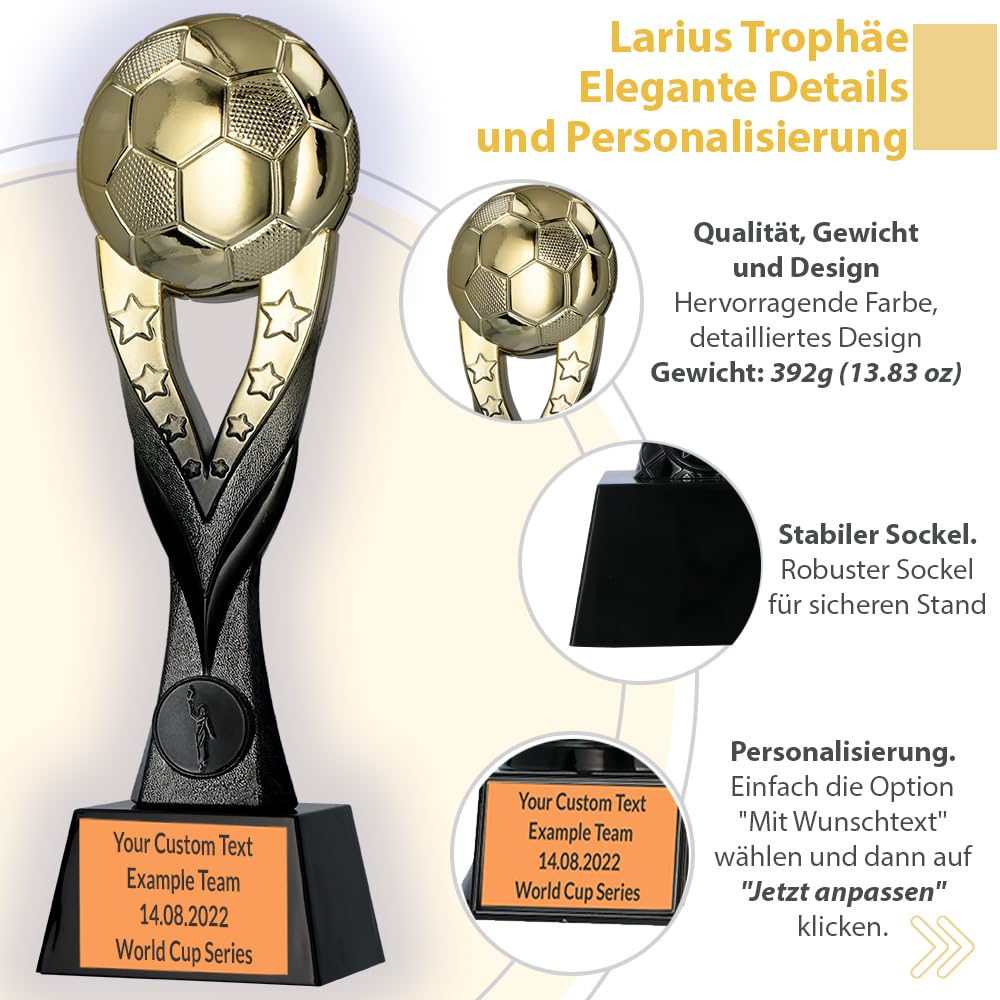 Larius Fußball Siegerpokal (26 cm, 392 g) – Goldene Trophäe mit/ohne Gravur – Ideal für Turniere, Finale, Vereinsmeisterschaften & Kindergeburtstage - F3