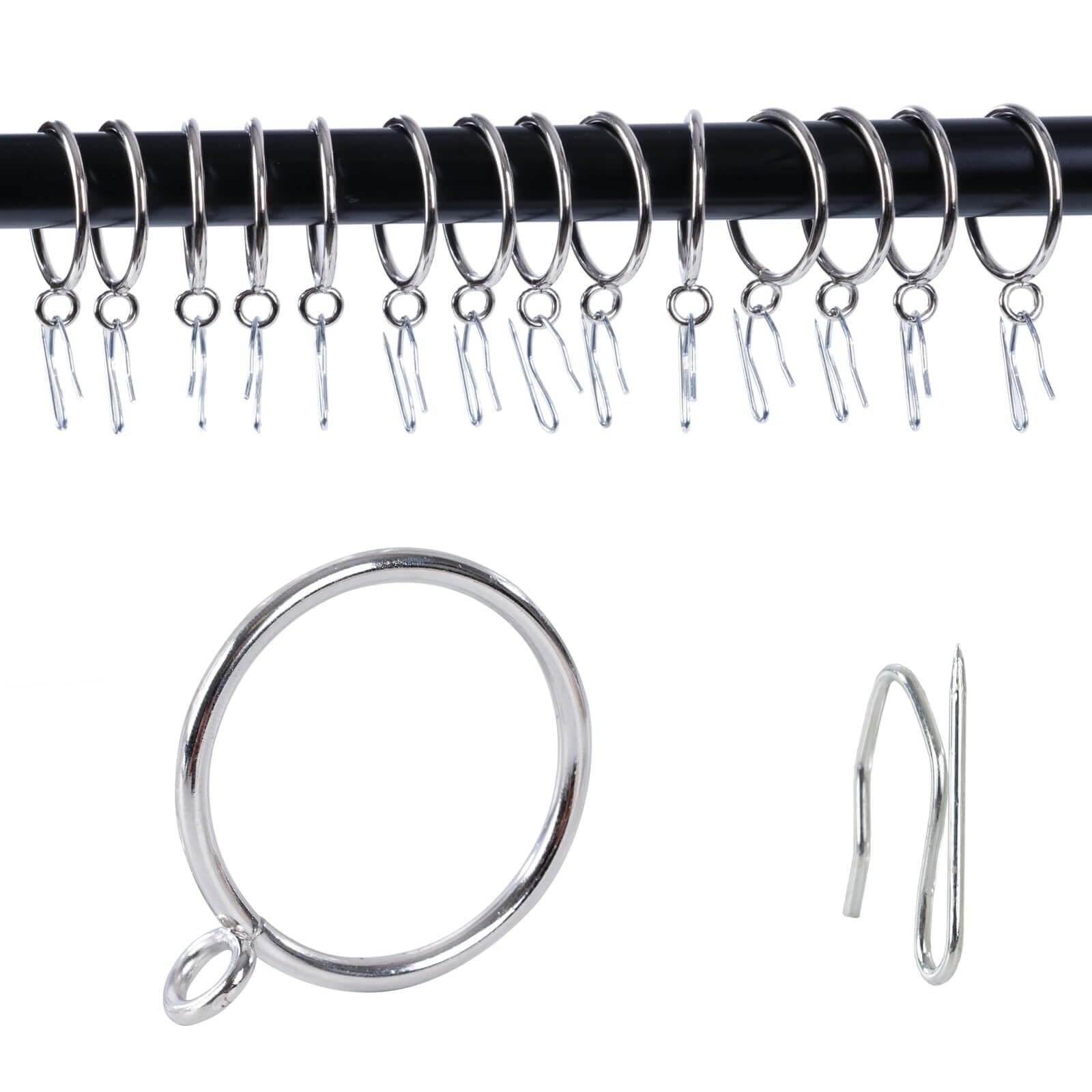 24-Pack Curtain Clip Rings With Hooks - 1.25" Inside Diameter, Silver Metal, Includes Pin Hooks & Clips For Standard Curtains
