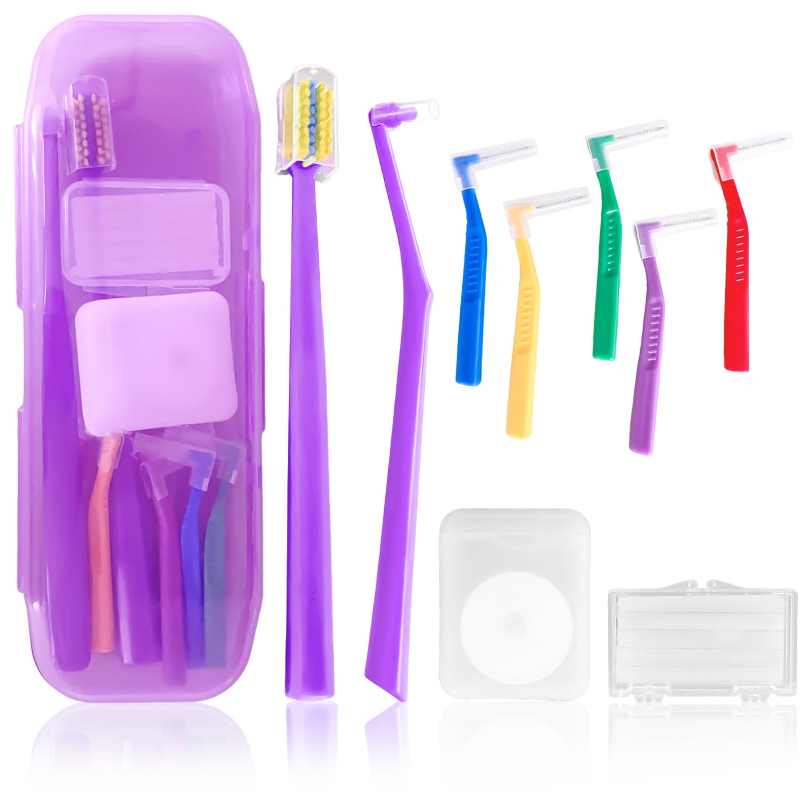 9-in-1 Orthodontic Oral Care Kit with Case – Toothbrush, End Tuft Toothbrush, 5 Interdental Brushes, Dental Floss, Dental Wax – Portable Hygiene Set for Braces and Daily and Travel Use (Purple)