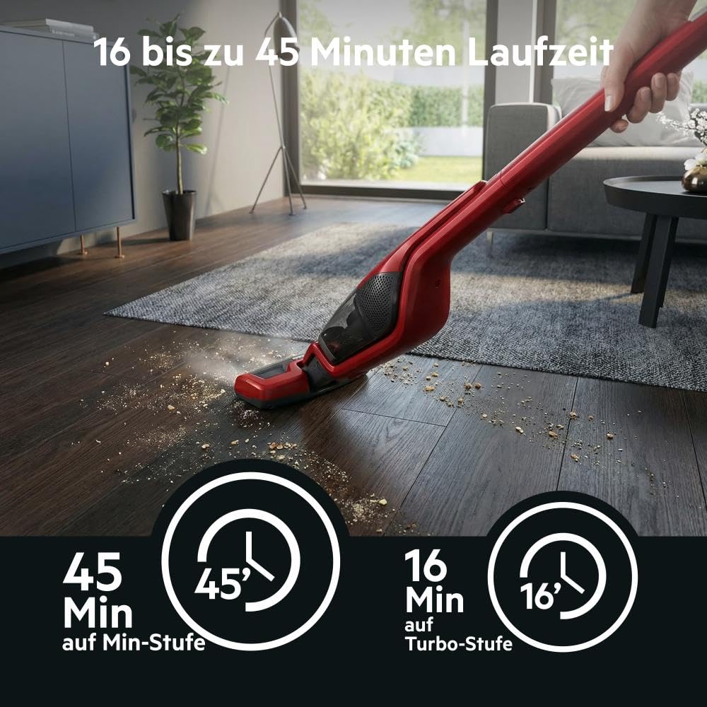 AEG Ergorapido 2in1 Akku Staubsauger, Beutellos, inkl. Tierhaardüse, ETM Testsieger, bis zu 45Min Laufzeit, Freistehend, 180° Drehgelenk, Bürstenreinigungsfunktion, LED-Frontlichter, Rot, CX7-2-45AN