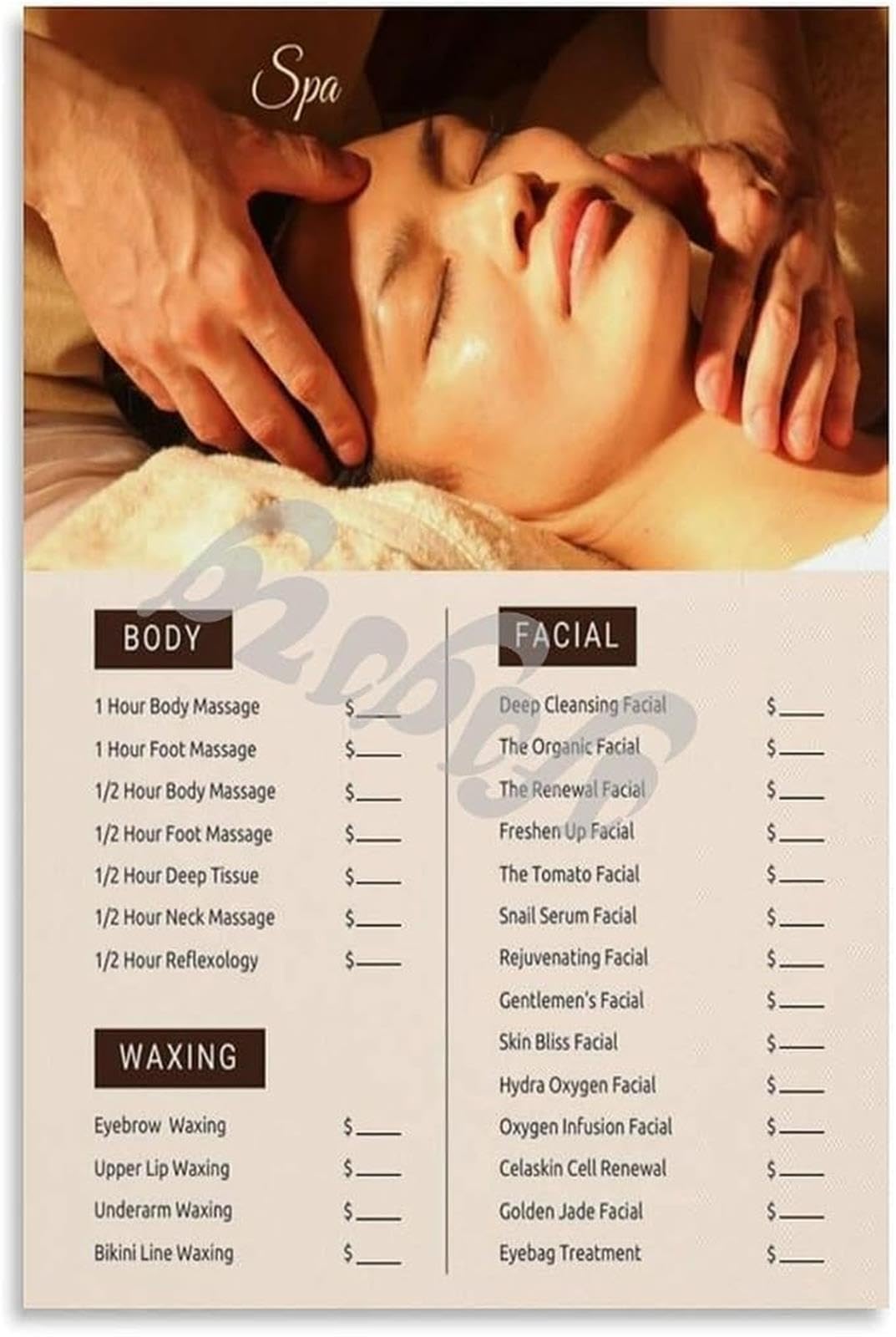 Salon Spa Service Chart Poster List Wall-Art