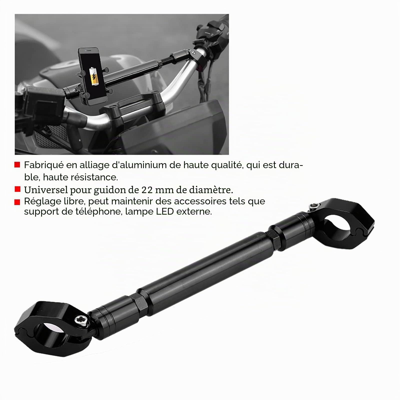 Barre d'équilibre universelle de 22 mm en alliage d'aluminium pour guidon de moto avec levier de renfort Noir