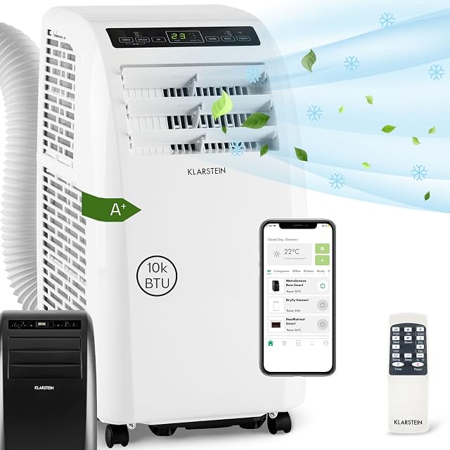 Klarstein Portable Air Conditioner, 4-in-1 Cooling Air Conditioning Unit for Home & Offices, with Night Mode, Dehumidifier & Ventilator, Low Consumption Smart, Portable AC Unit, 10000 BTU Black