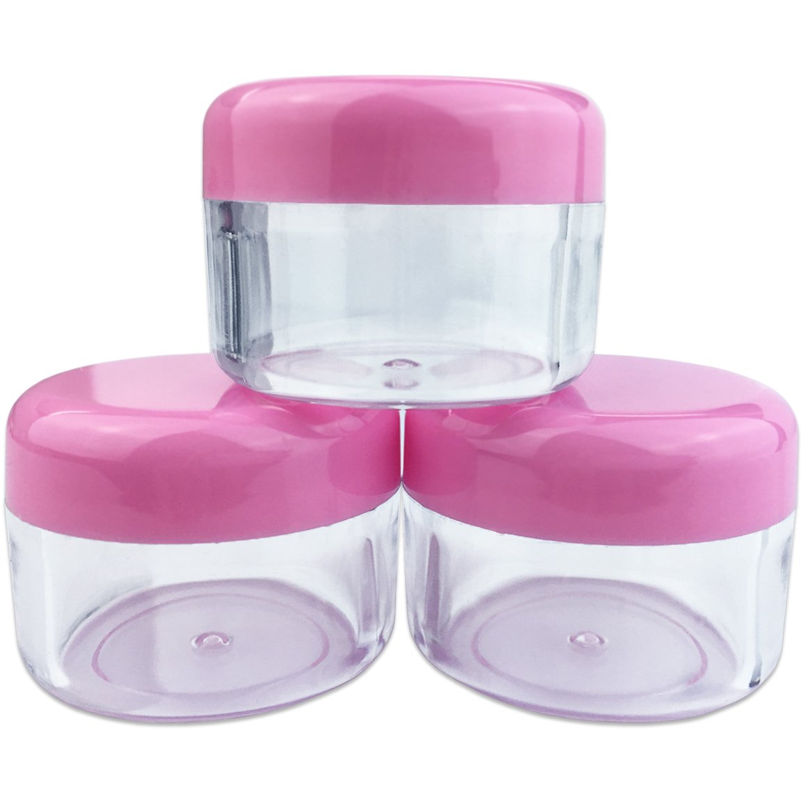 Beauticom 12 sztuk, 30 g, 30 ml, okrągłe, przezroczyste, do wielokrotnego napełniania, puste plastikowe słoiki z różowymi zakrętkami do przechowywania sypkich proszków i pigmentów, próbek do makijażu