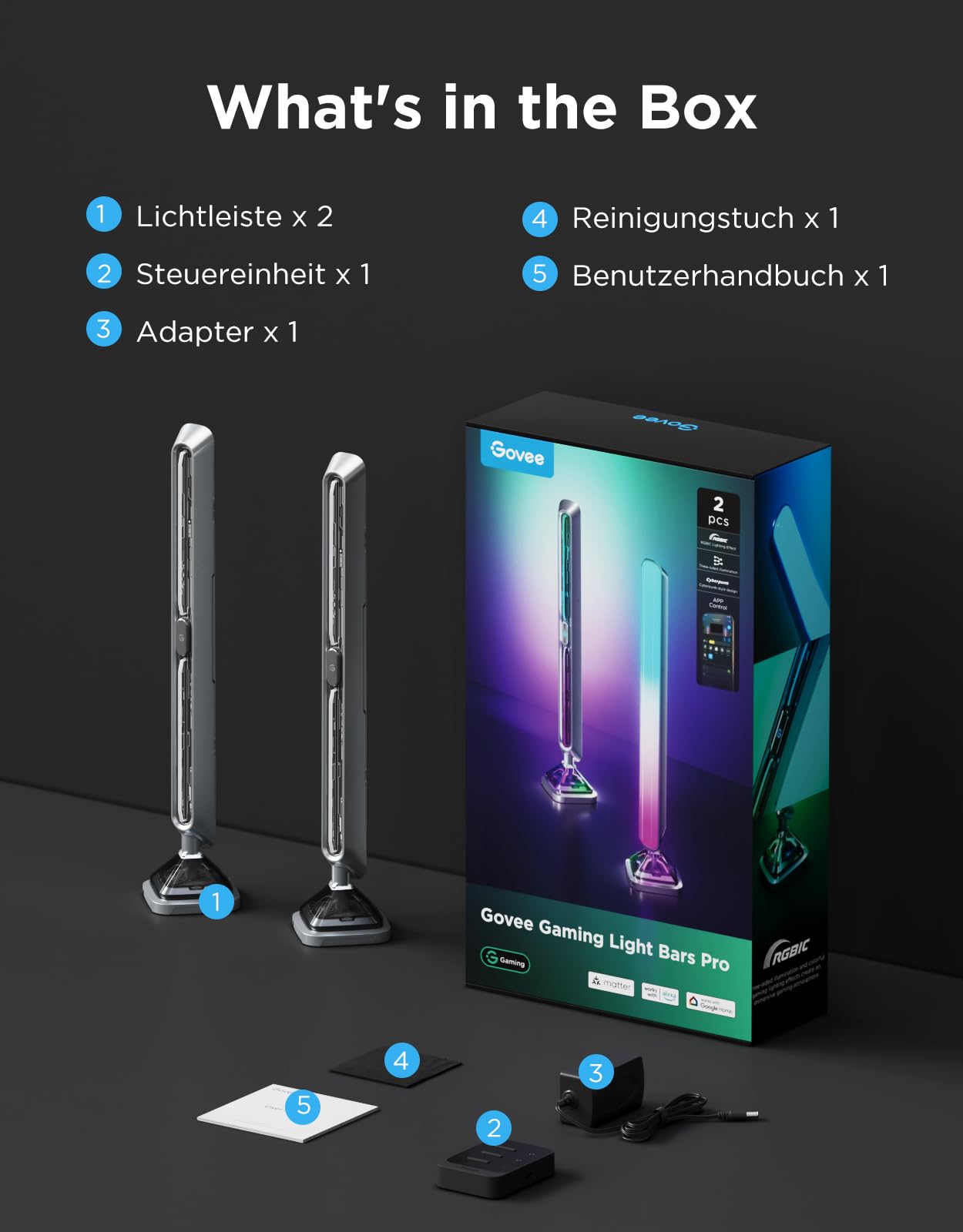Govee RGBIC Gaming Light Bars, Cyberpunk LED Beleuchtung mit dreiseitiger RGB Ambient Light für PC, Monitor, Smarte WLAN & Bluetooth, 60+ Szenen, Kompatibel mit Alexa & Google Home, 2er-Set, Silber | Dreiseitiges RGB Licht für PC, Monitor, Smart-WiFi&Blue