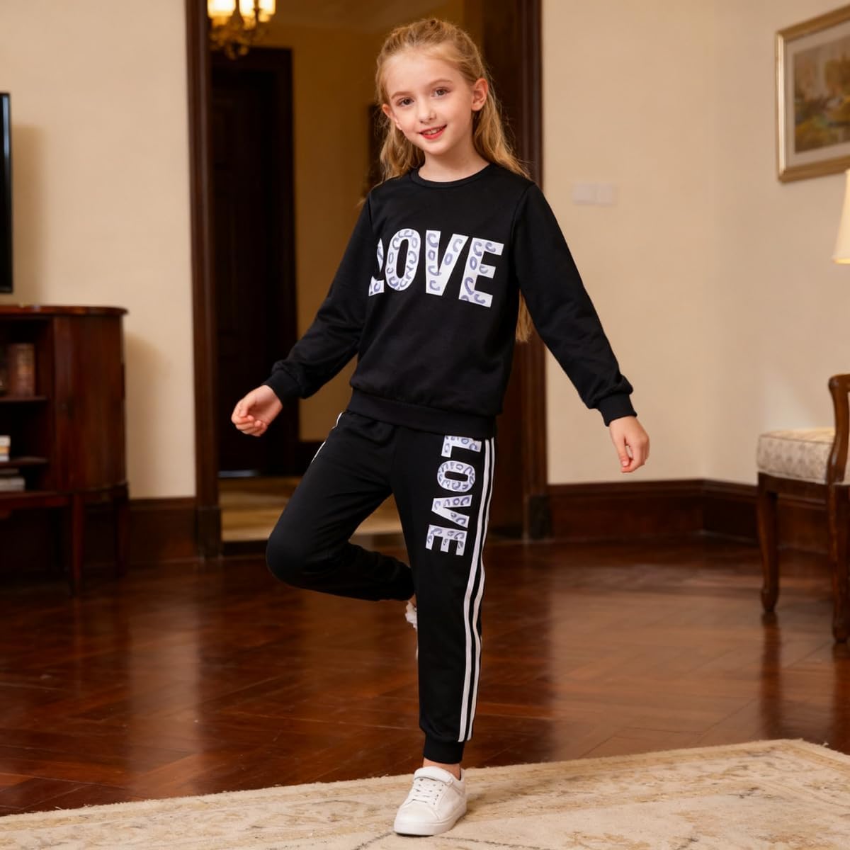 Tween Girl's Letter Print Top + Jogger Pants 2 Piece Outfit Set Kids Clothing, Sizes 6-14 Years - Image 2