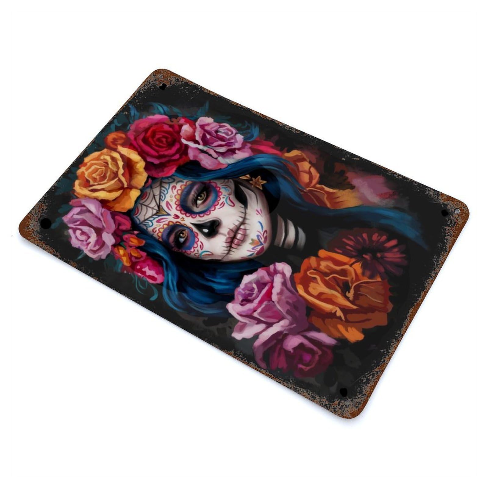 Sugar Skull Woman with Flowers Aged Metal Wall Plaque 11.8"x7.9", Industrial Home Decor for Pub, Kitchen And Man Cave Decor