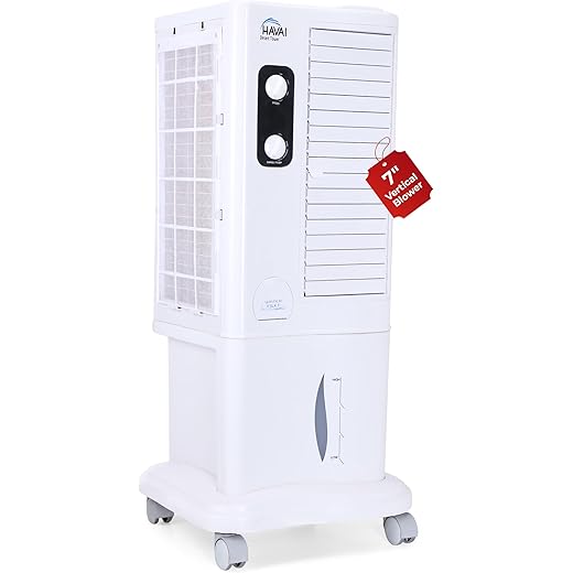 HAVAI Desert Tower Cooler | 7-Inch Vertical Blower | 150 Sq. Ft. Area Coverage | 22-Litre Tank Capacity | Dual-Side Honeycomb Pads | 15-Foot Air Throw | 1-Year Warranty | 3-Speed Control | White