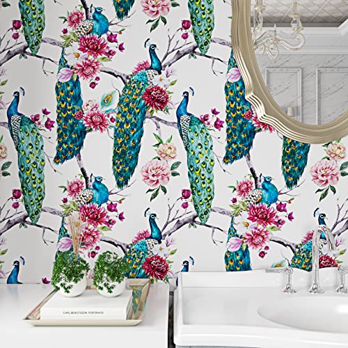 ReWallpaper Tapete Pfau Petrol Selbstklebende Tapete Grün Mit Blumen Rosa 44.5CM X 3M Fototapete Selbstklebend Pfau Blumentapete Vintage… – Ansicht 5