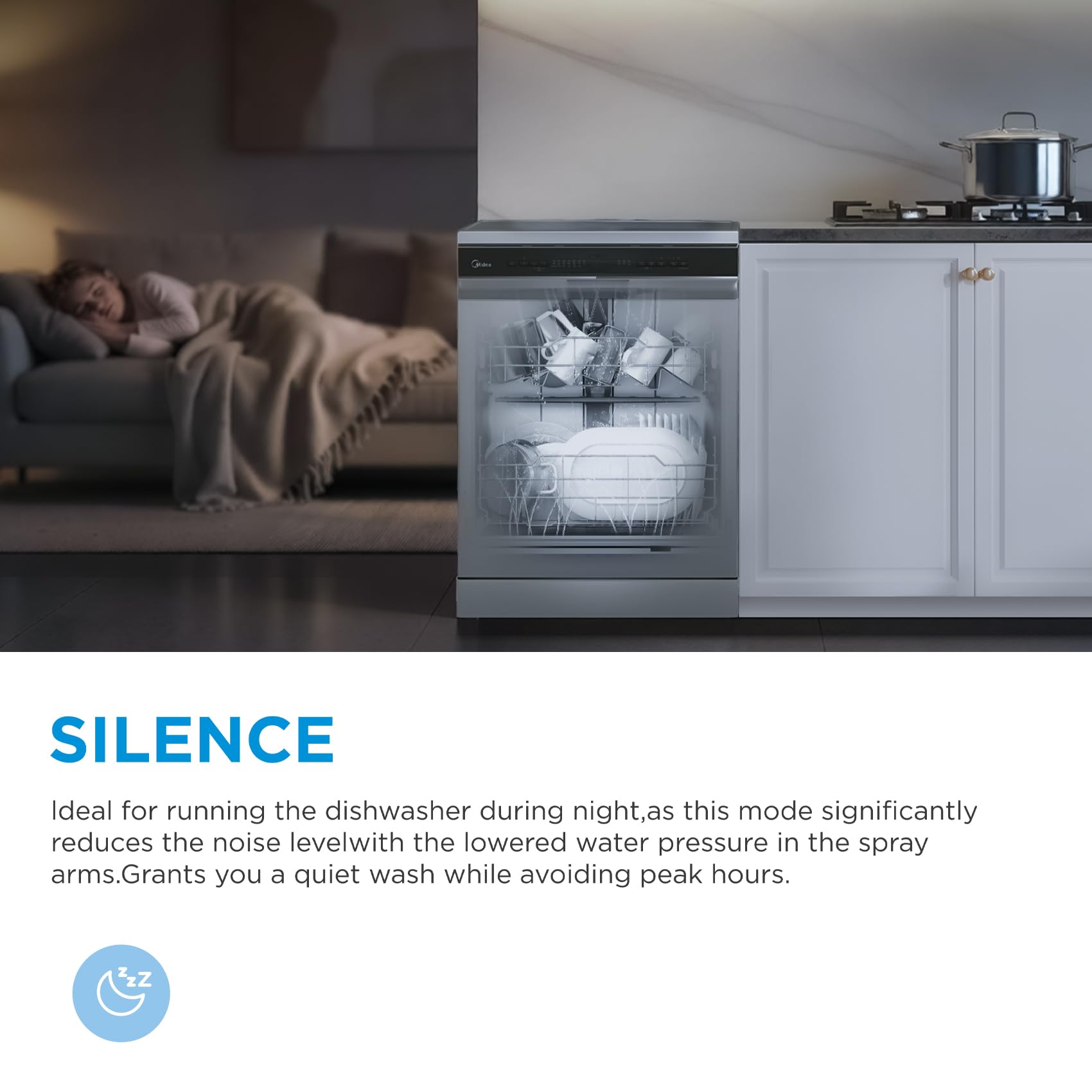 Midea Freestanding Dishwasher with 14 Place Settings, Wi-Fi Connected, 60 cm Width, 44dB Silence, Intensive Wash & Adjustable Basket, Stainless Steel-MDWEF1433D(SS) [Energy Class C] — view 8